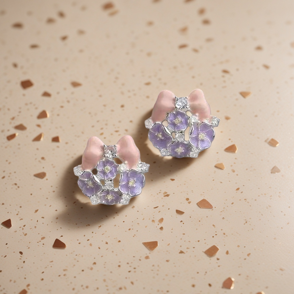 粉色蝴蝶结+紫色花朵耳钉产品图