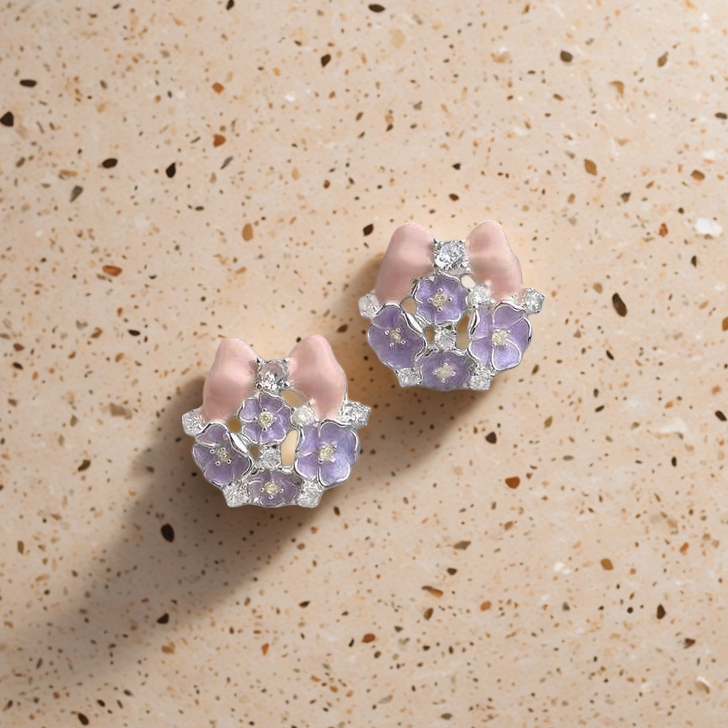 粉色蝴蝶结+紫色花朵耳钉细节图