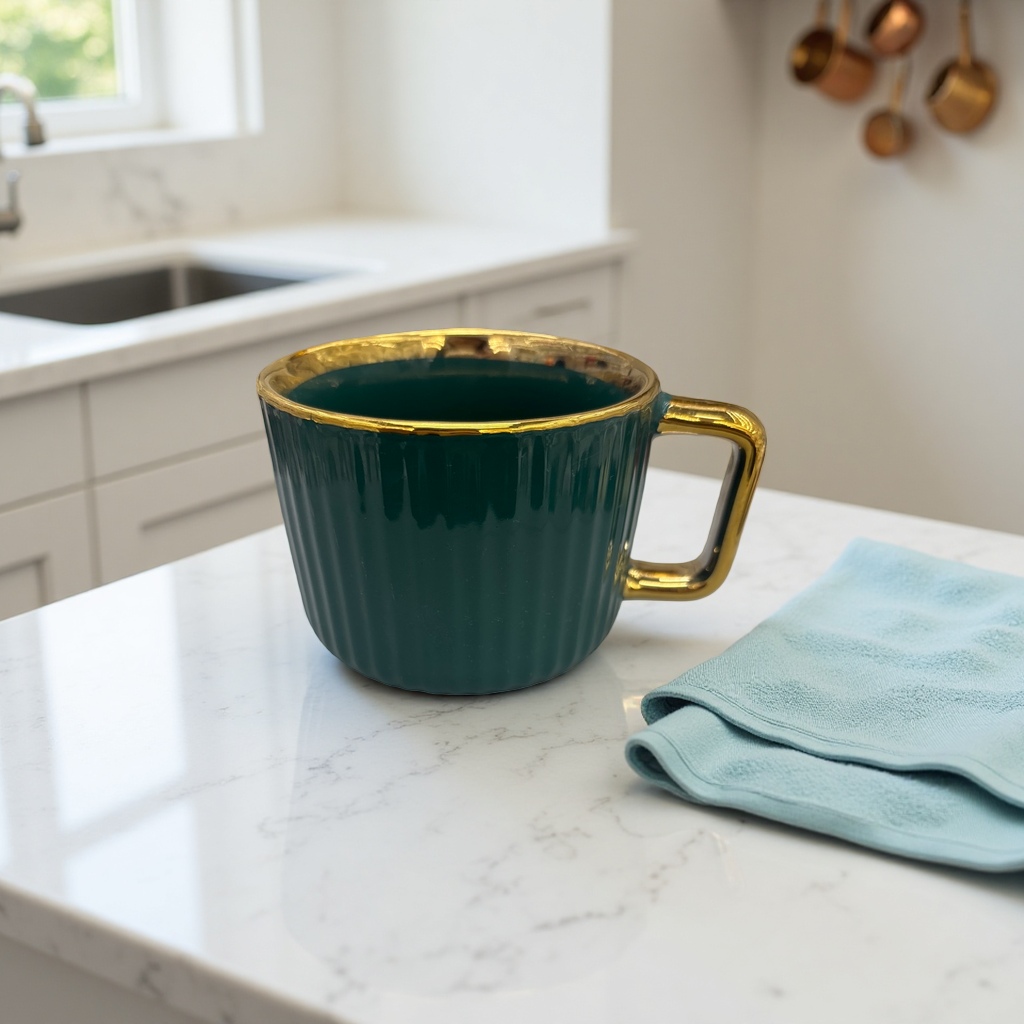 Green striped gold-edge ceramic mug, simple household water cup, office tea cup details Picture