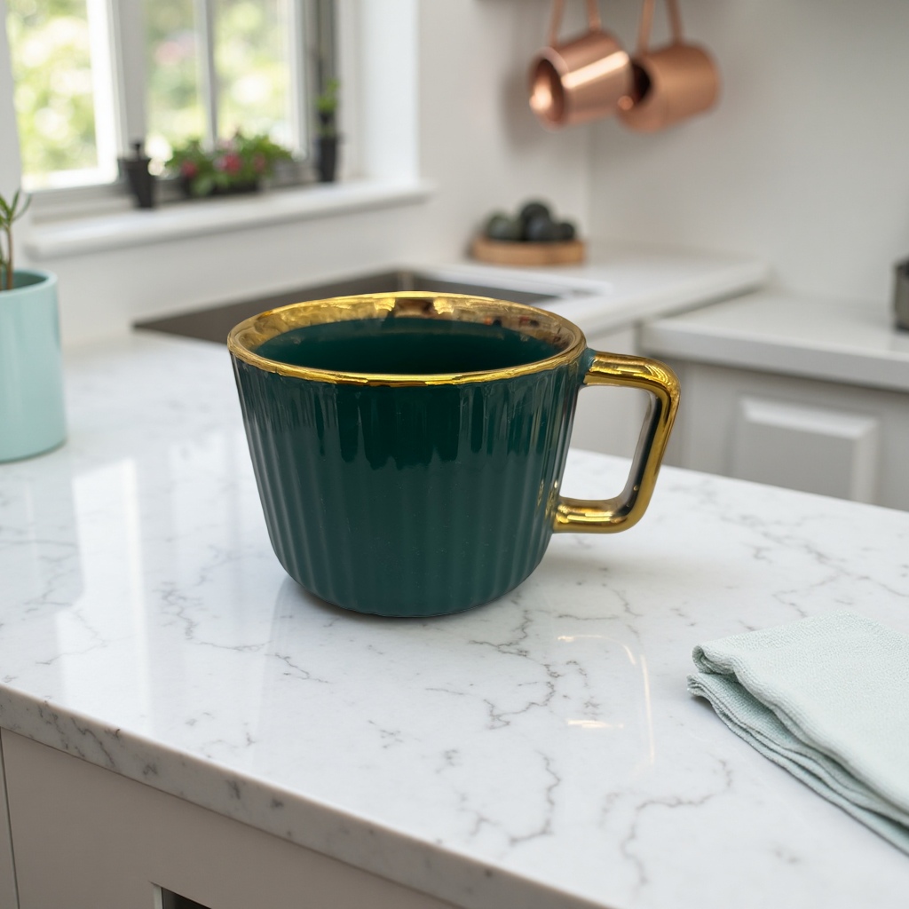 Green striped gold-edge ceramic mug, simple household water cup, office tea cup Application Scenario