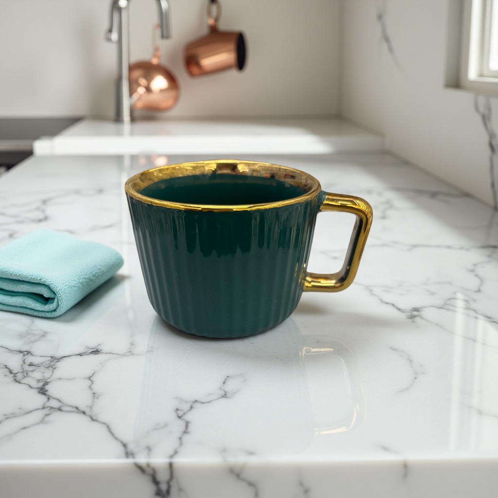 Green striped gold-edge ceramic mug, simple household water cup, office tea cup Specification image