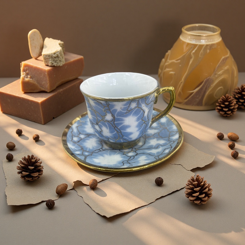 蓝白金边陶瓷茶杯配茶托 家用简约风茶具套装