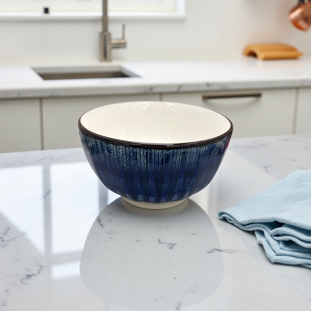 Blue striped ceramic bowl, a simple household dining bowl for holding rice bowls, large-capacity porcelain tableware details Picture