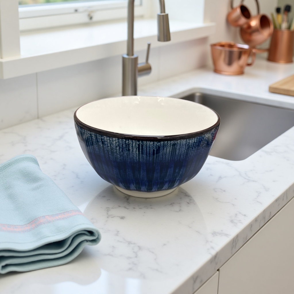 Blue striped ceramic bowl, a simple household dining bowl for holding rice bowls, large-capacity porcelain tableware Application Scenario