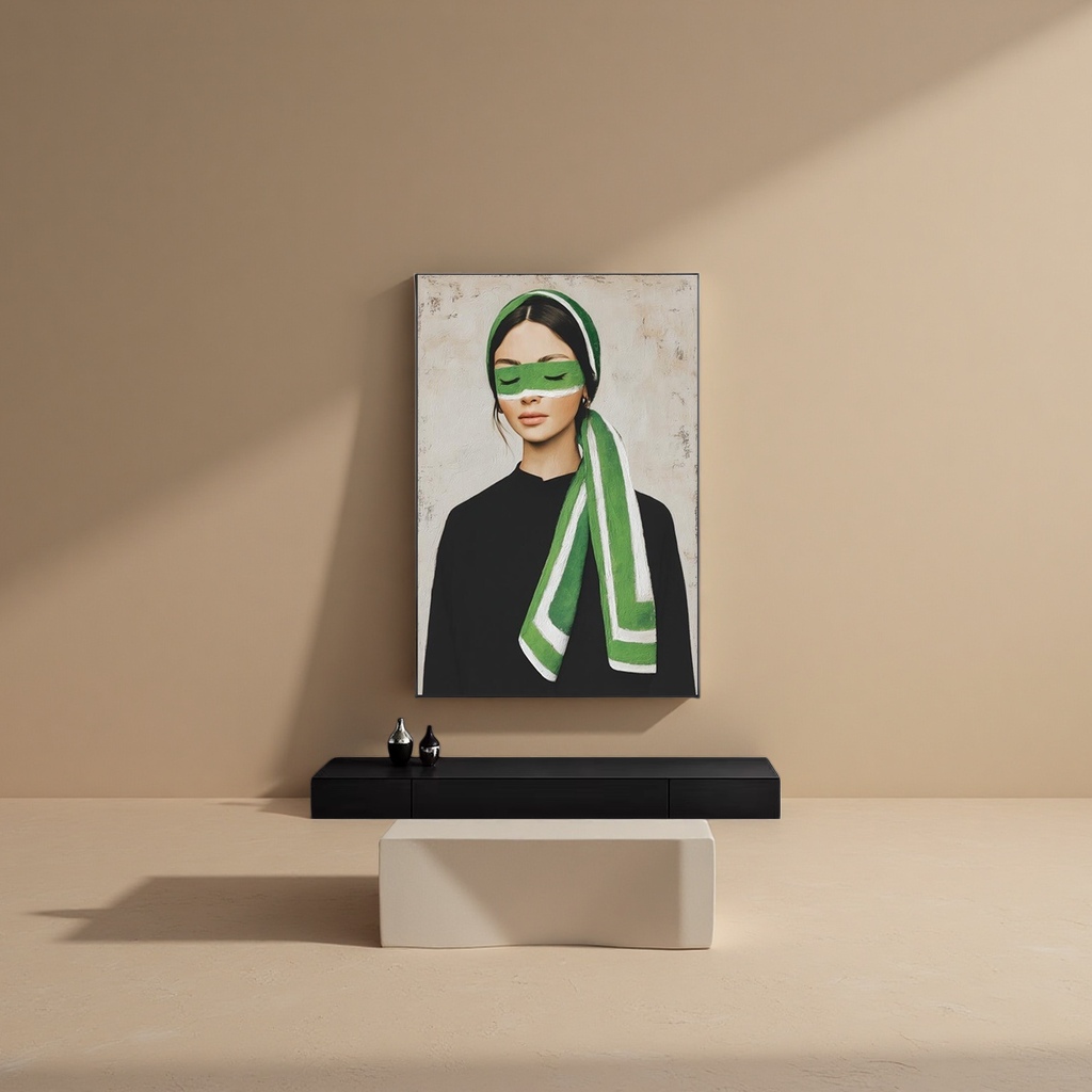 A portrait of a woman with a green scarf covering her eyes, an artistic decorative painting, a home wall hanging, and a simple Nordic style Application Scenario