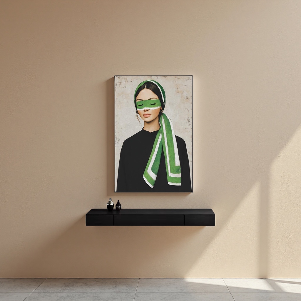 A portrait of a woman with a green scarf covering her eyes, an artistic decorative painting, a home wall hanging, and a simple Nordic style details Picture