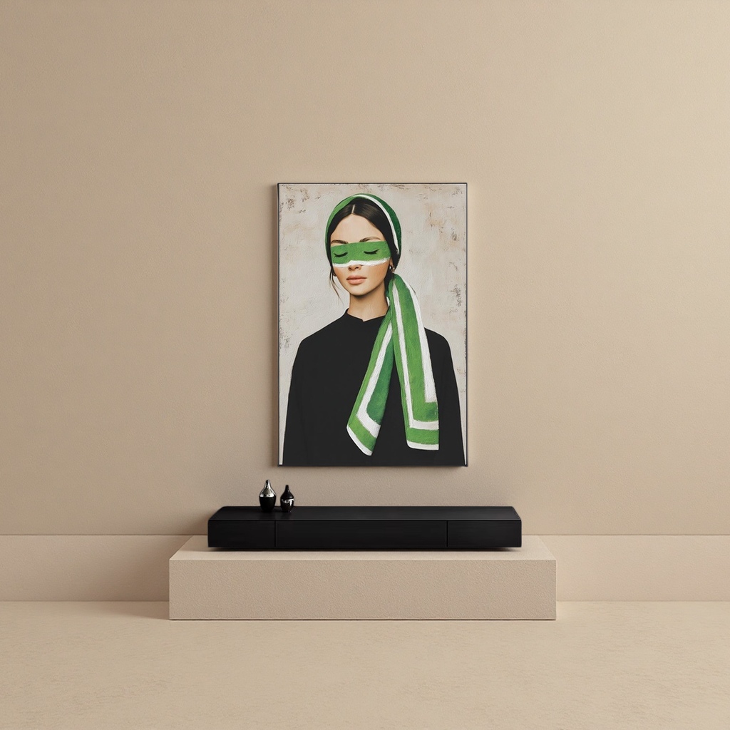 A portrait of a woman with a green scarf covering her eyes, an artistic decorative painting, a home wall hanging, and a simple Nordic style Specification image