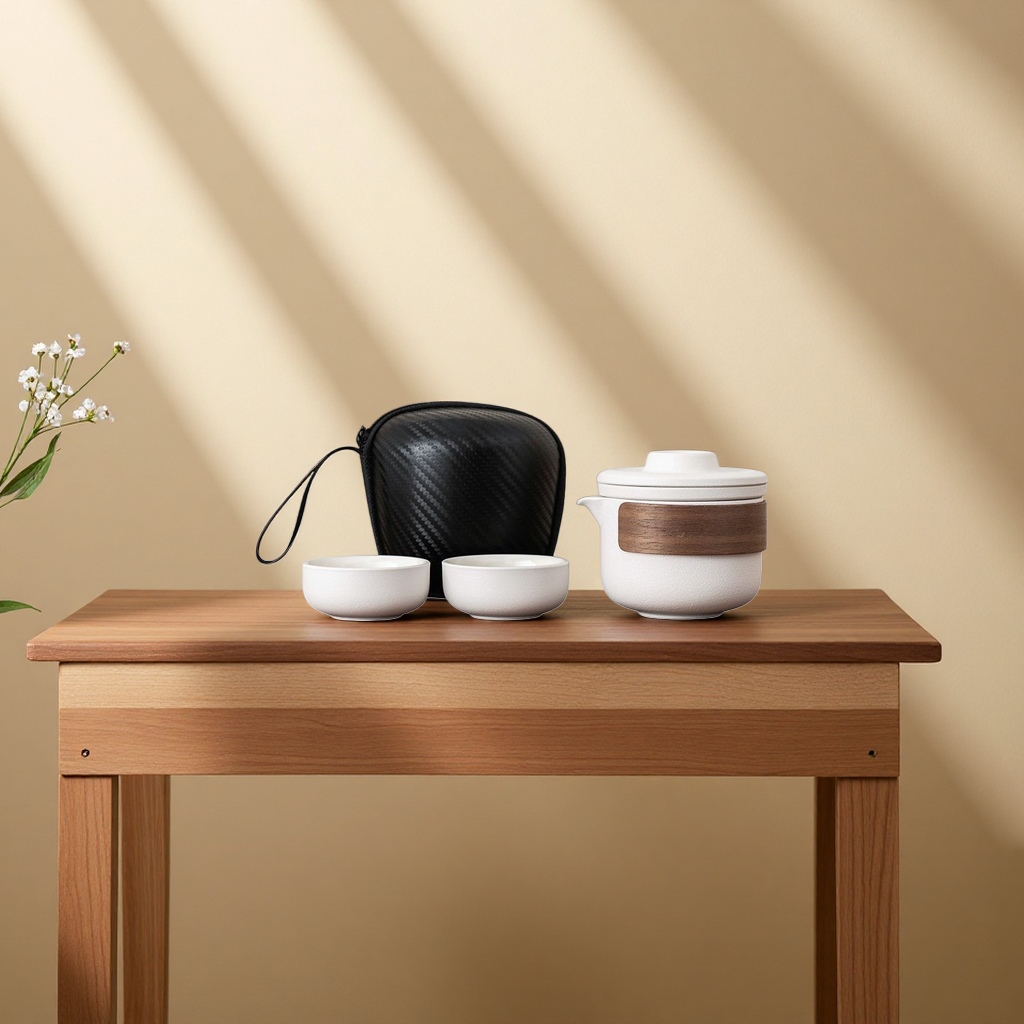 白色陶瓷茶具套装+黑色便携包产品图