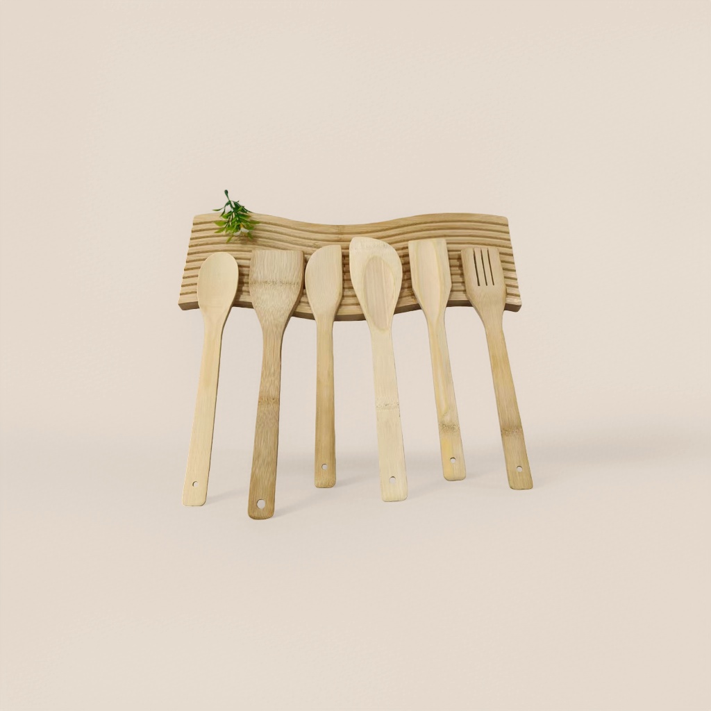 Light-colored bamboo kitchenware set, eco-friendly and natural wooden kitchenware including cutting boards, spatulas and spoons Application Scenario