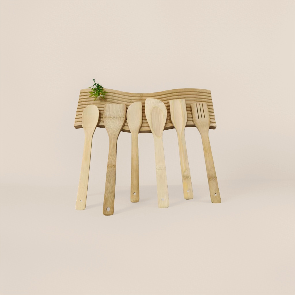 Light-colored bamboo kitchenware set, eco-friendly and natural wooden kitchenware including cutting boards, spatulas and spoons Specification image