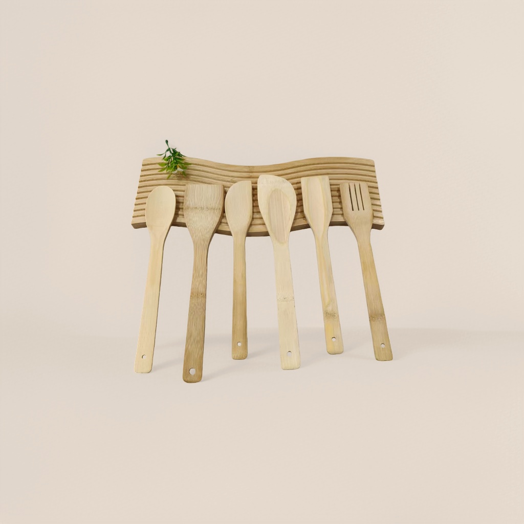 Light-colored bamboo kitchenware set, eco-friendly and natural wooden kitchenware including cutting boards, spatulas and spoons