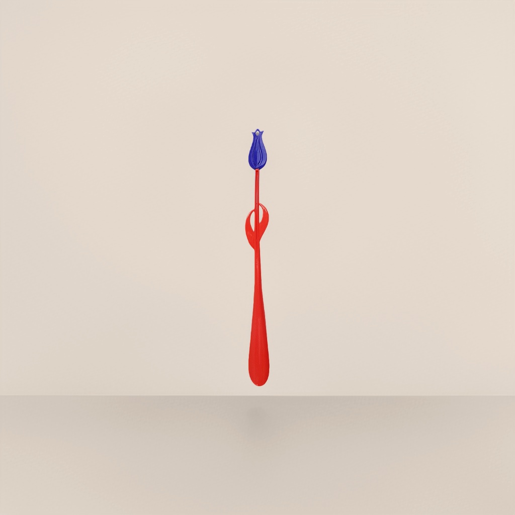 A convenient shoe-taking tool with a red shoe puller and a blue tulip shape on the top