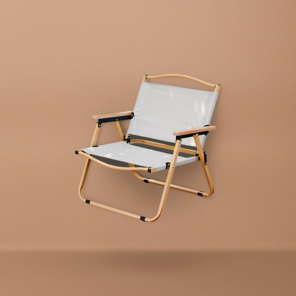 Beige canvas folding chair, a portable storage chair for home use, outdoor camping and camping Application Scenario