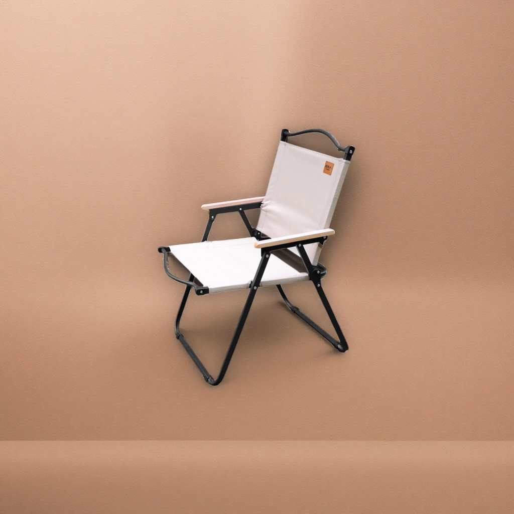 The beige canvas folding chair with thickened cushions saves space for small-sized living rooms and balconies