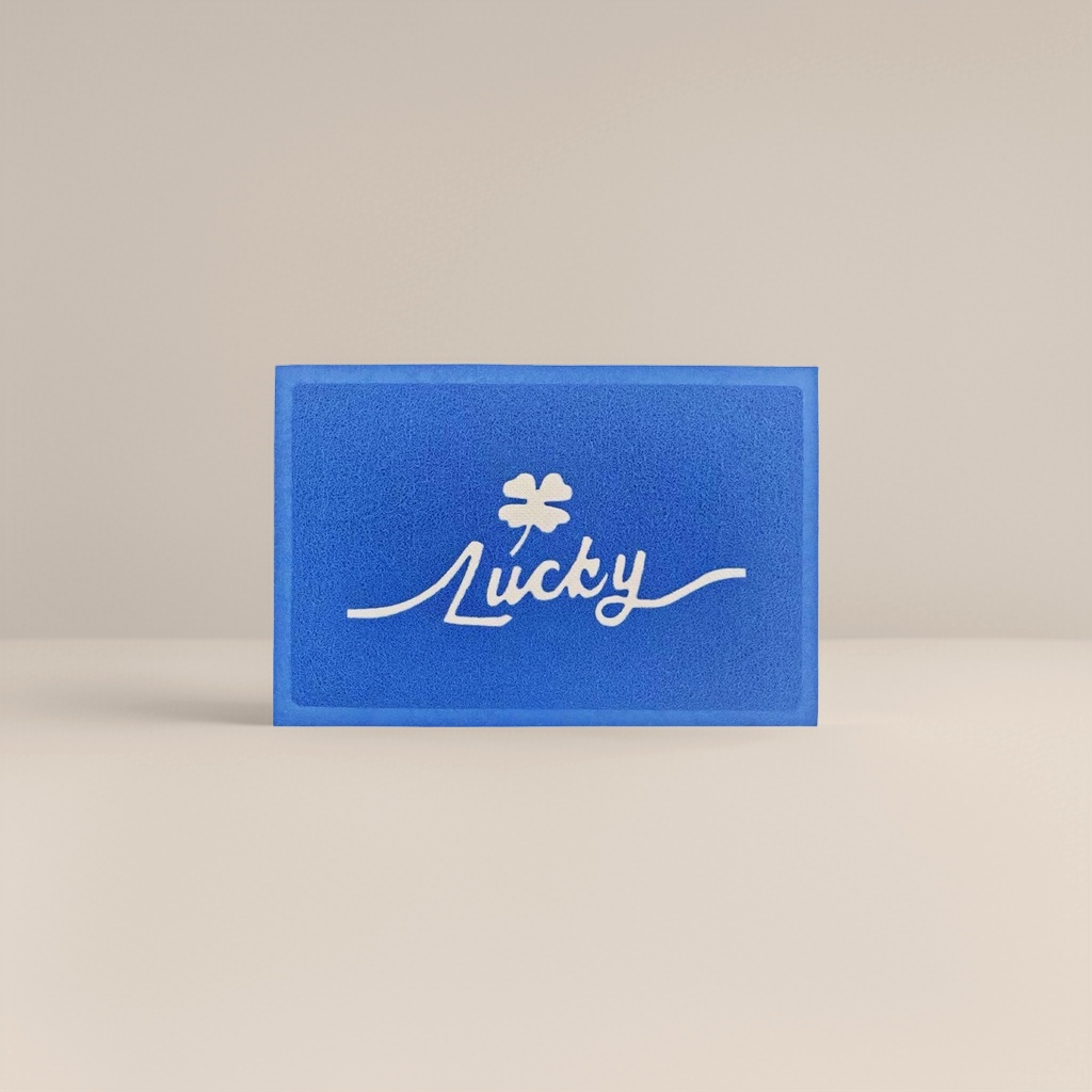 蓝色地垫 白色四叶草图案 Lucky字样 家用防滑地毯