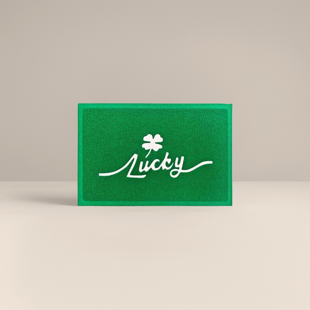 绿色地垫 白色四叶草图案 Lucky字样 家用防滑地毯