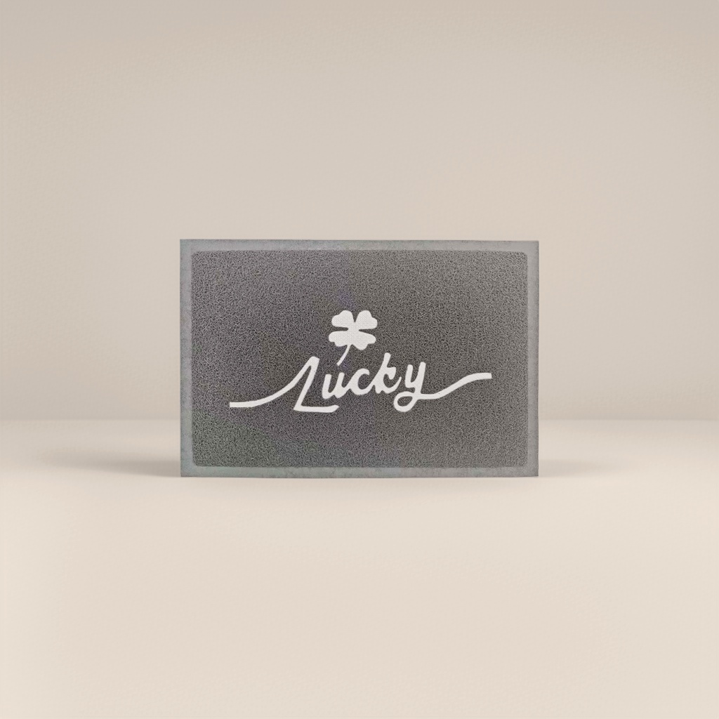 灰色地垫中央白色四叶草图案加Lucky手写体字样
