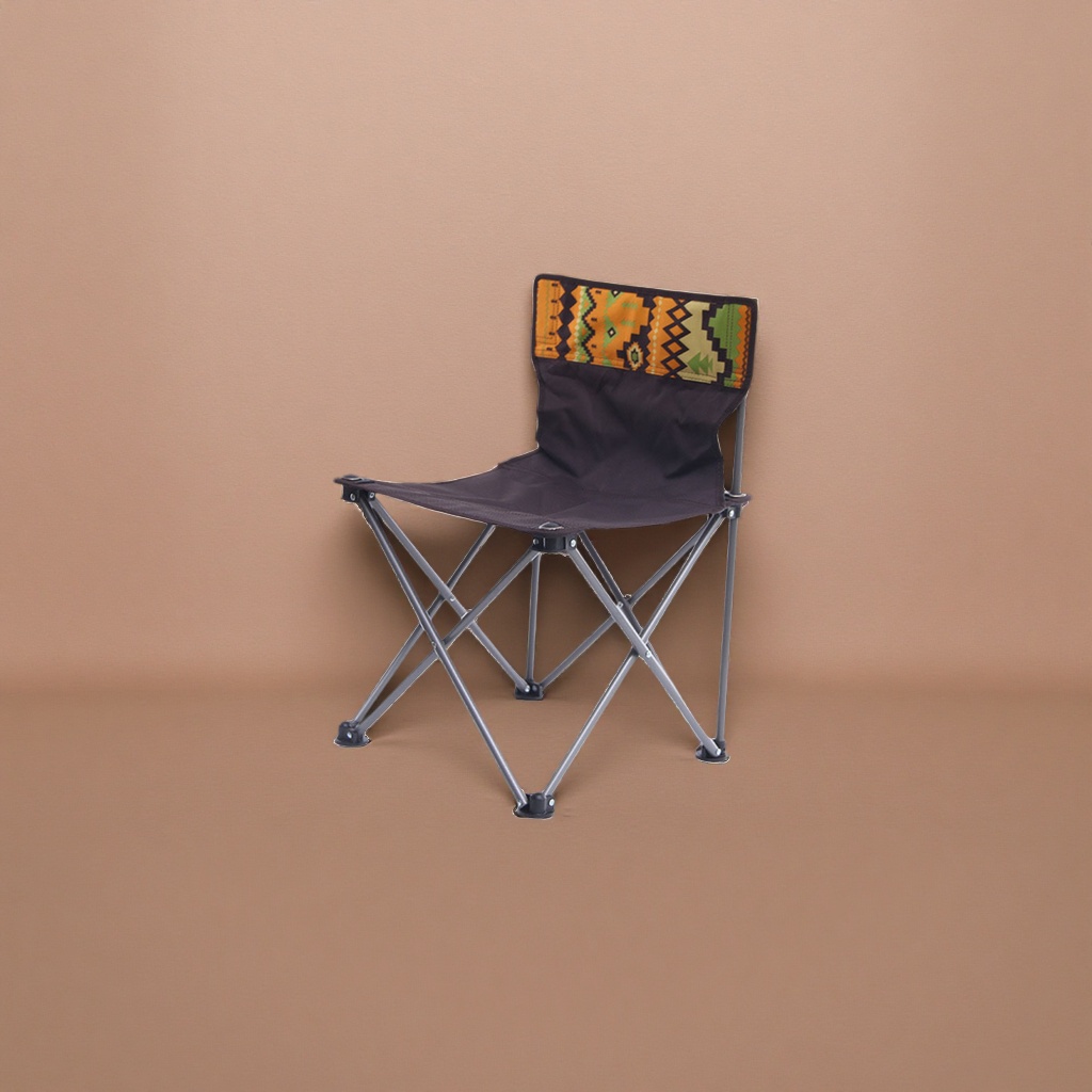 The black folding chair has an orange and green geometric pattern on its backrest, making it lightweight and portable for both home and outdoor use Specification image