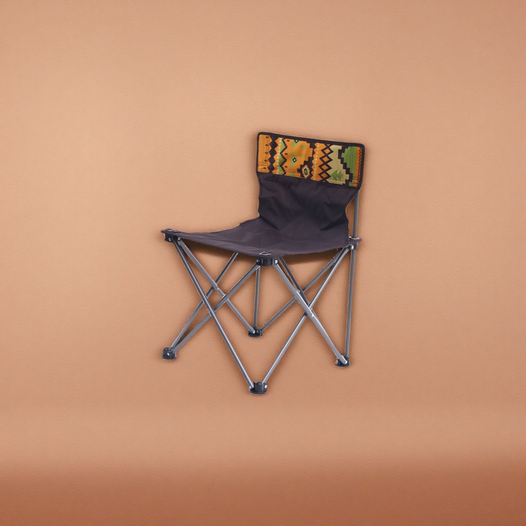 The black folding chair has an orange and green geometric pattern on its backrest, making it lightweight and portable for both home and outdoor use Application Scenario