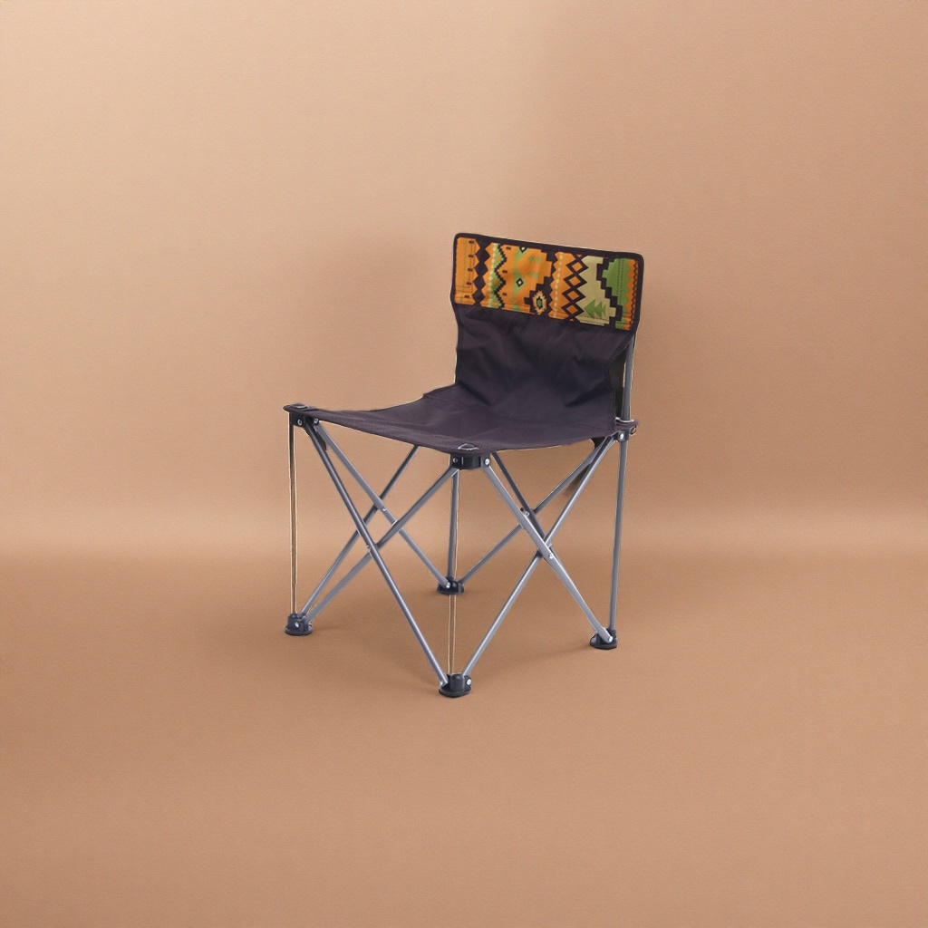 The black folding chair has an orange and green geometric pattern on its backrest, making it lightweight and portable for both home and outdoor use