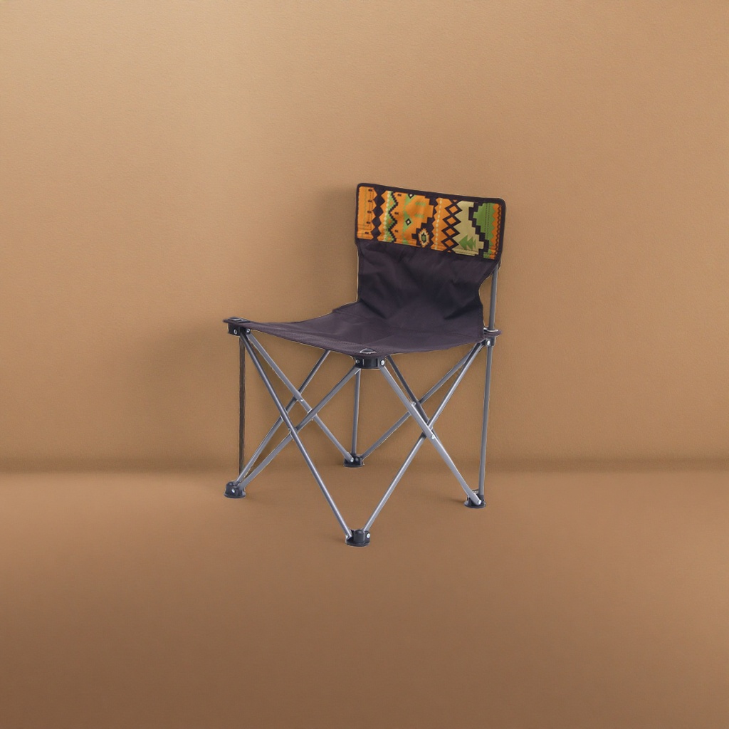The black folding chair has an orange and green geometric pattern on its backrest, making it lightweight and portable for both home and outdoor use details Picture