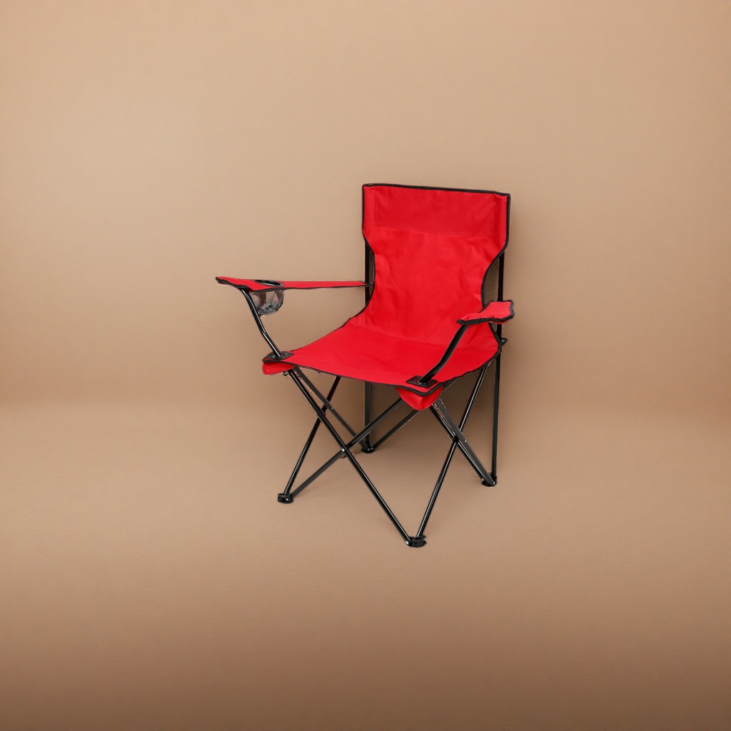 The red folding chair is a portable and lightweight outdoor camping stool that can be stored Application Scenario