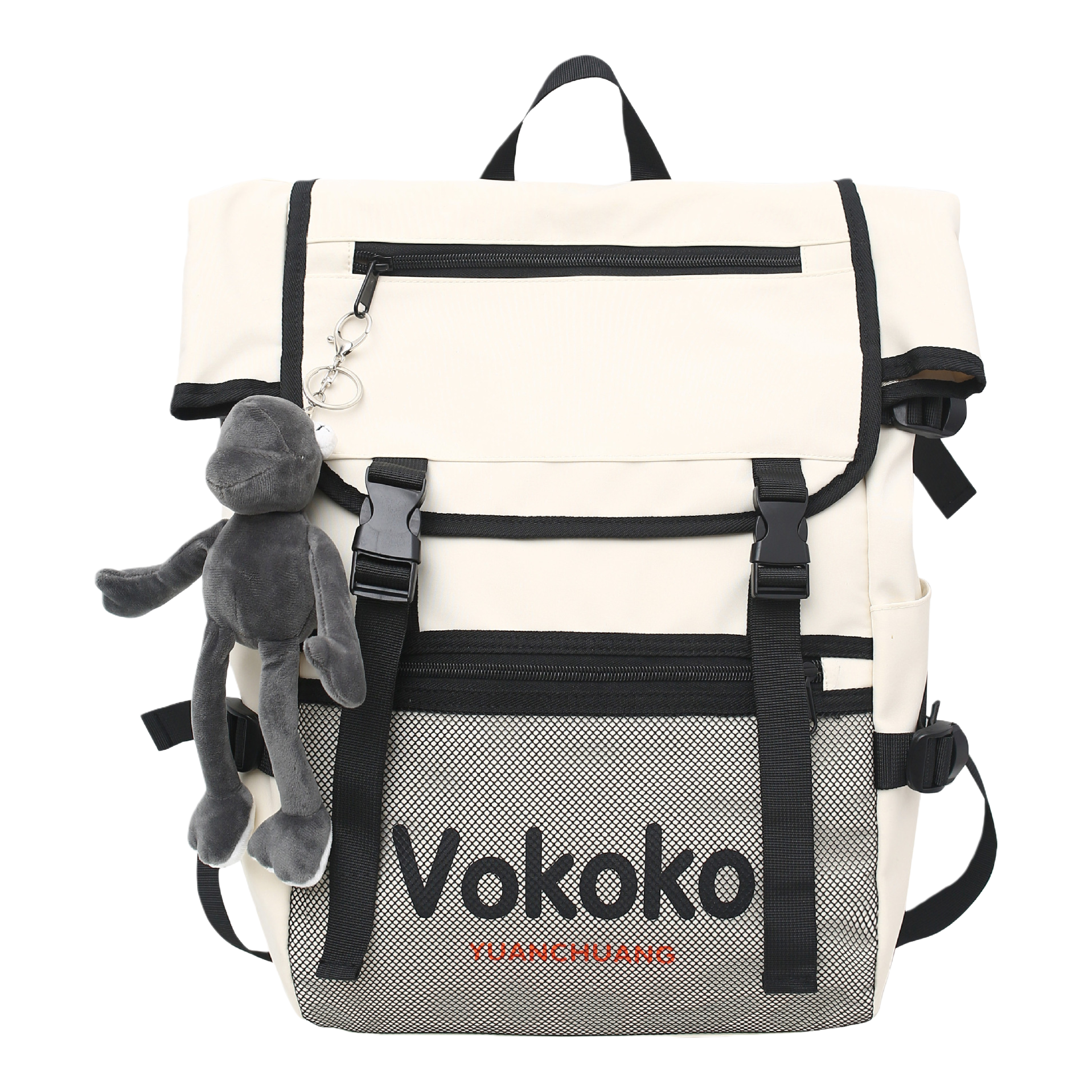 The front of the off-white backpack features a mesh bag printed with "Vokoko YUANCHUANG", and it comes with a black zipper and a gray plush keychain hanging on the left Item Picture