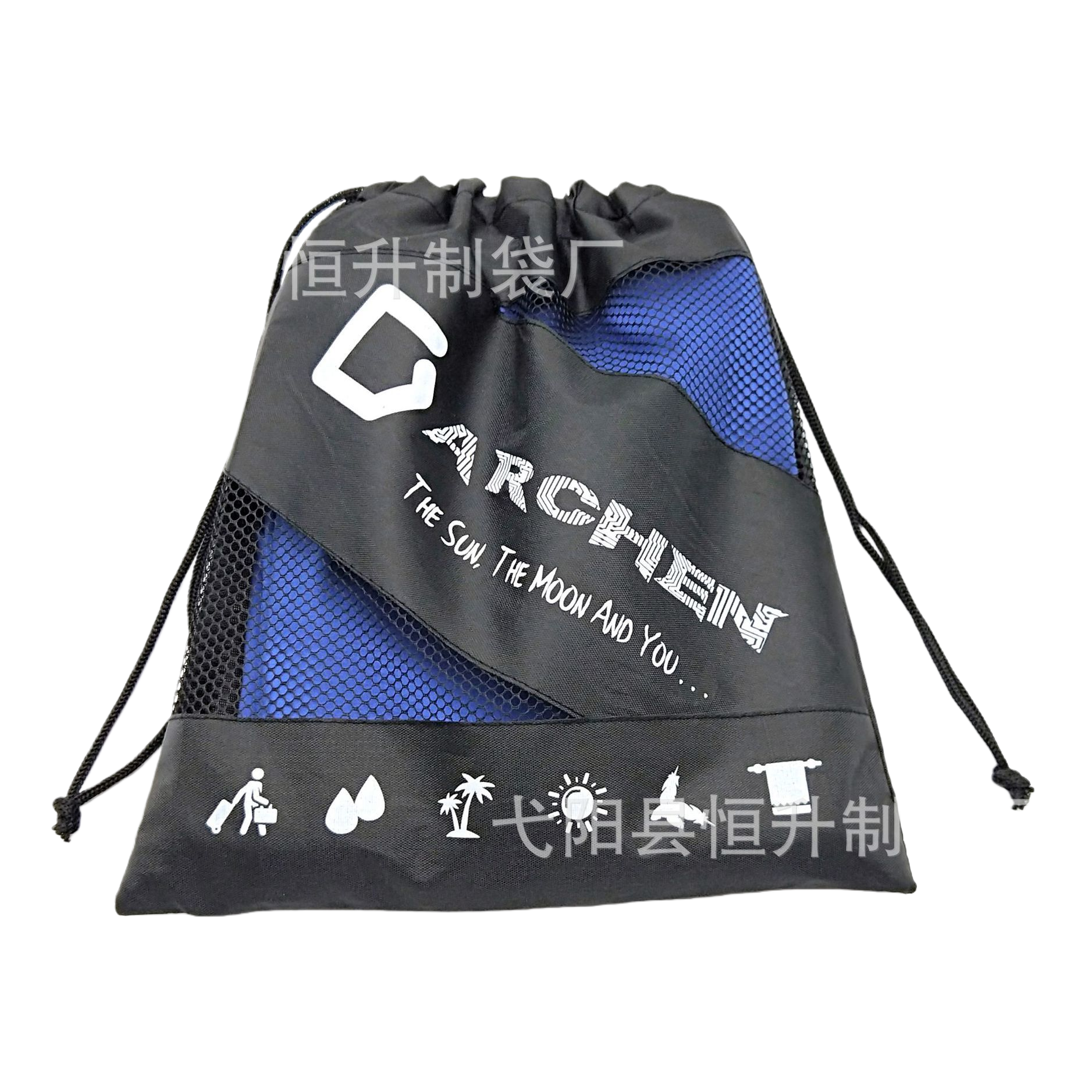 Black drawstring bag, blue mesh spliced and white printed pattern fashionable sports storage bag Item Picture