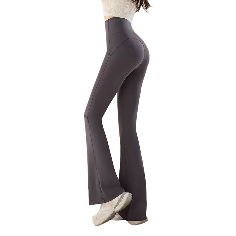 Grey high-waisted flared pants for women are slimming and form-fitting, paired with a white top and sports shoes Item Picture