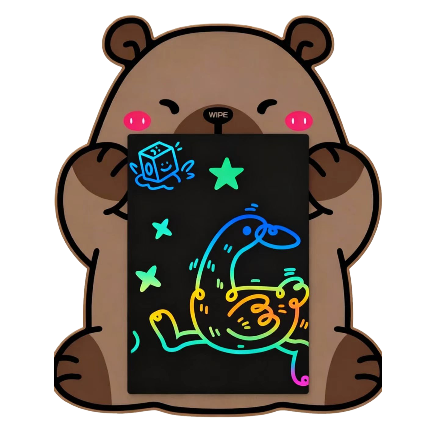棕色卡通熊抱着黑色电子画板白底实物图