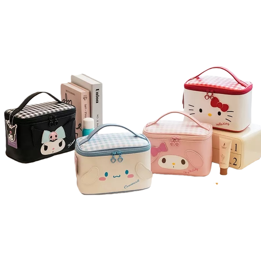 Colorful cartoon box-shaped makeup bag with large capacity for portable travel storage and organization Item Picture