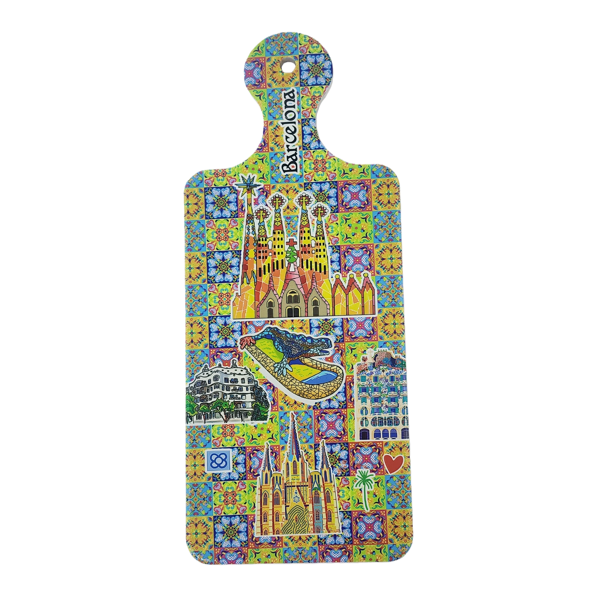 A colorful tile pattern fridge magnet with illustrations of landmark buildings in Barcelona Item Picture