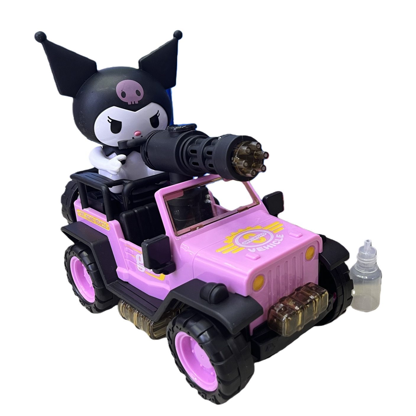 A pink off-road toy car with a Kuromi doll on the roof and a black gun barrel on the front is a children's toy Item Picture