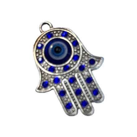 A fashionable and individual necklace with a silver hand-shaped pendant set with blue gemstones and blue eye ornaments Item Picture