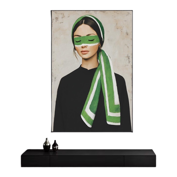 A portrait of a woman with a green scarf covering her eyes, an artistic decorative painting, a home wall hanging, and a simple Nordic style Item Picture