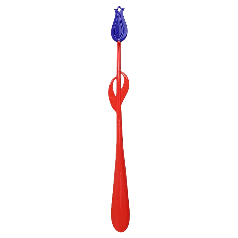 A convenient shoe-taking tool with a red shoe puller and a blue tulip shape on the top Item Picture