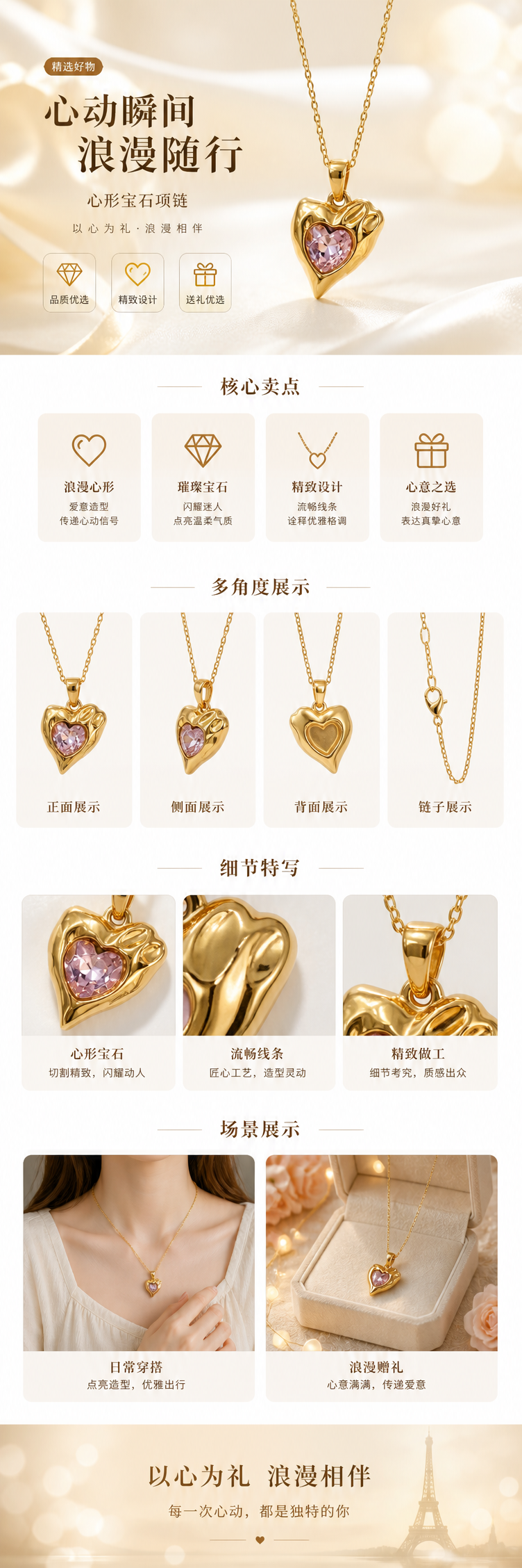 金色心形吊坠项链内嵌粉色宝石配埃菲尔铁塔励志白卡详情1