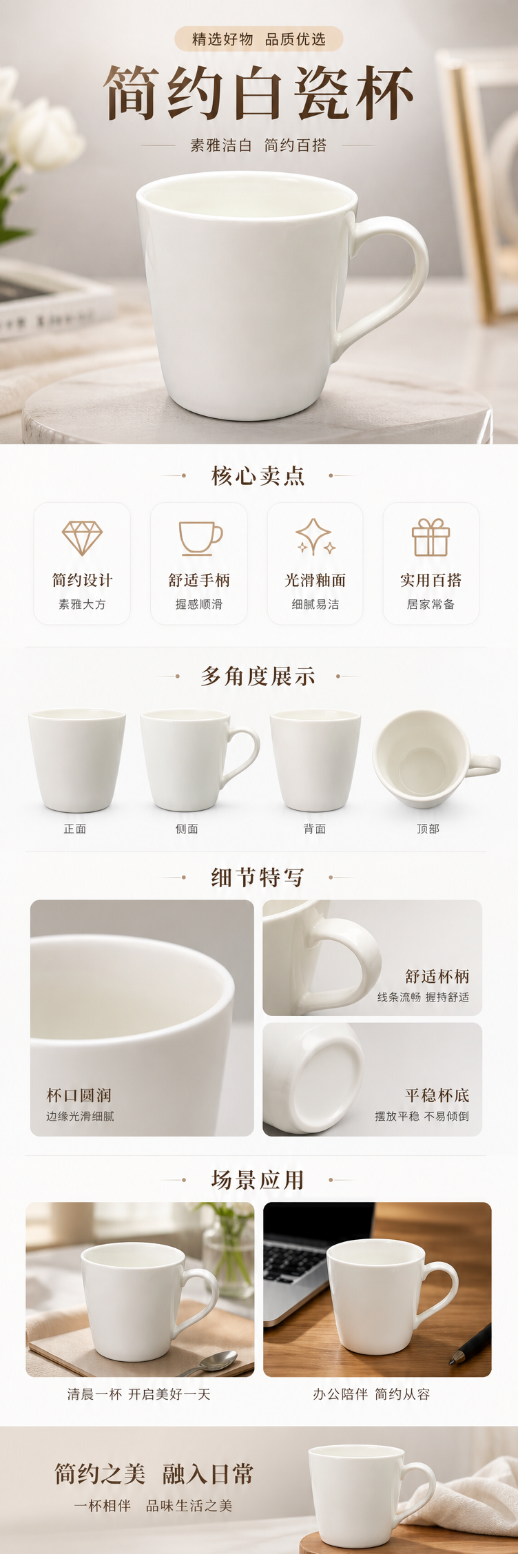 White ceramic mug for home use, simple and high-quality appearance, heat-resistant and anti-scald pic 1