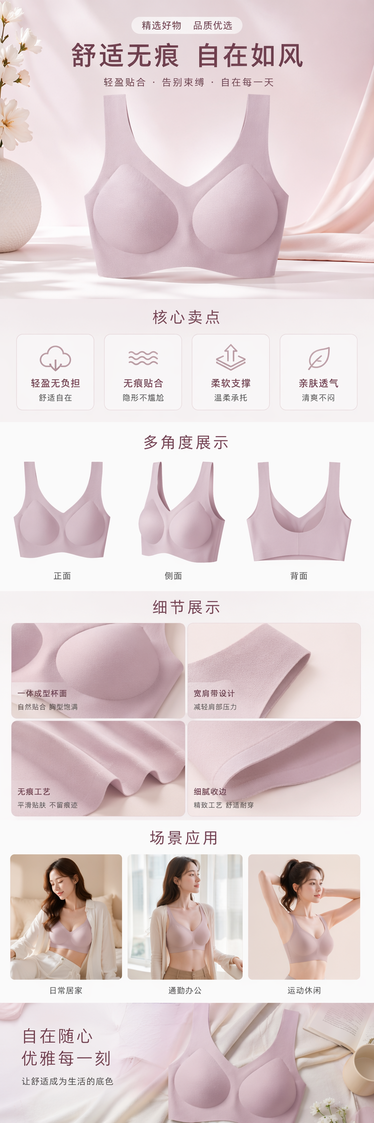 淡紫色无钢圈文胸 舒适透气聚拢调整款 pic 1