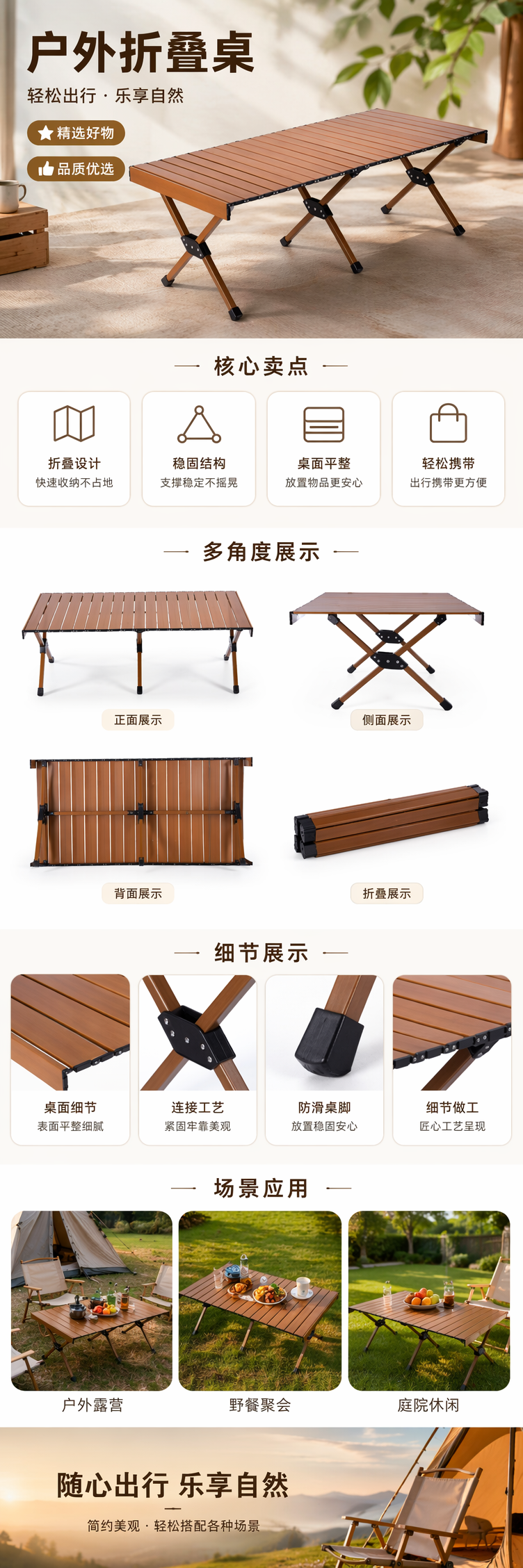棕色条板折叠桌 实木纹便携家用办公简约承重详情1