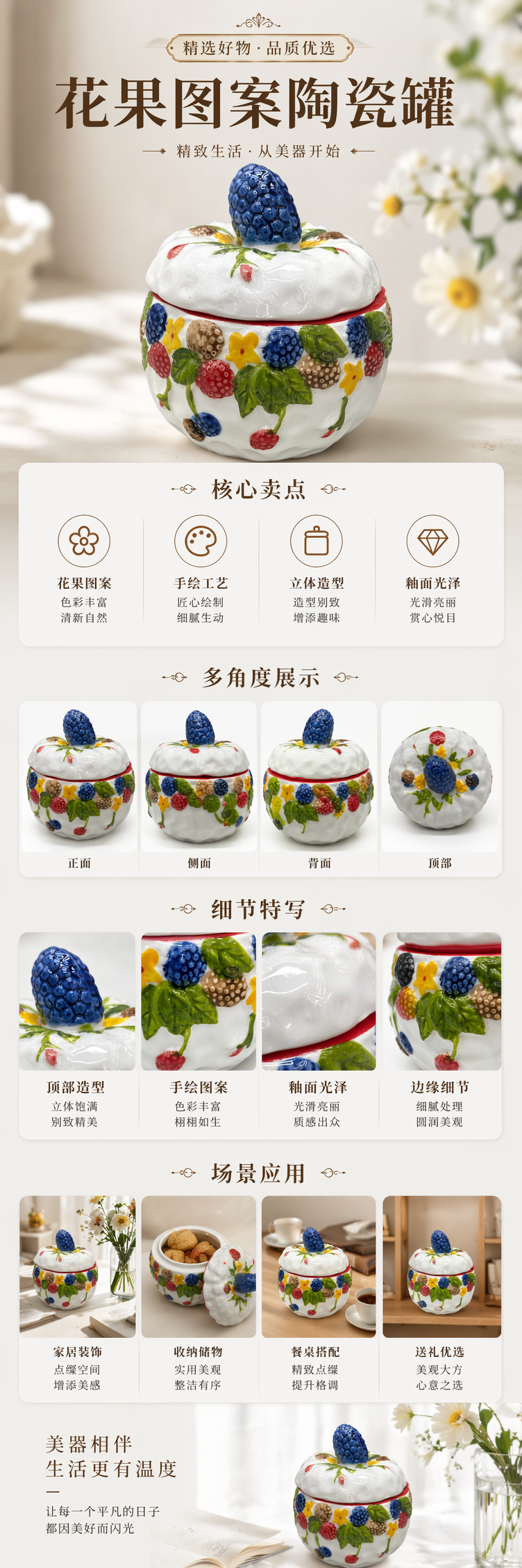 Colorful berry-patterned covered ceramic jar for home storage and kitchen storage pic 1