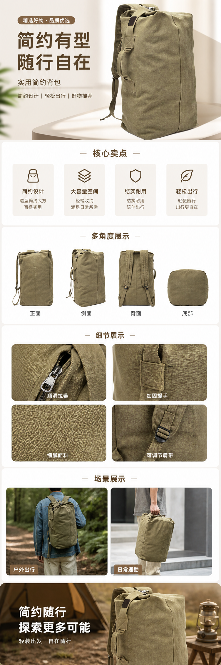 军绿色帆布背包大容量轻便通勤学生书包 pic 1
