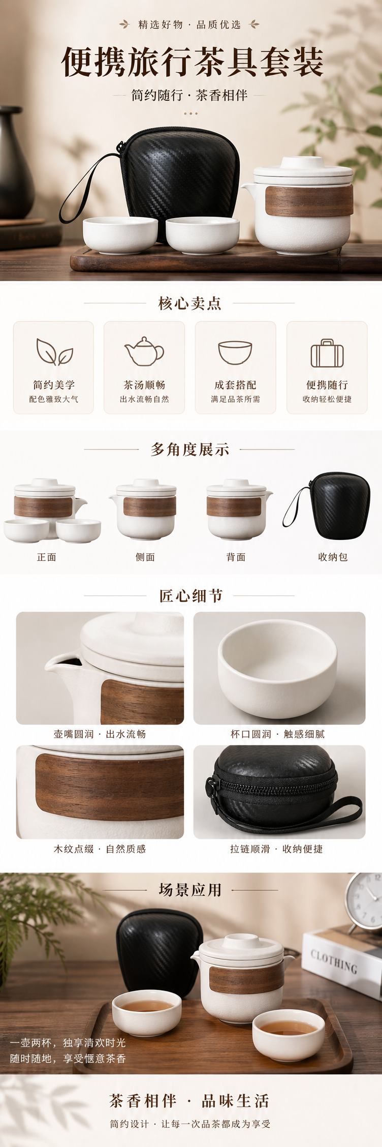 白色陶瓷茶具套装配黑色便携包 家用旅行茶道用品详情1