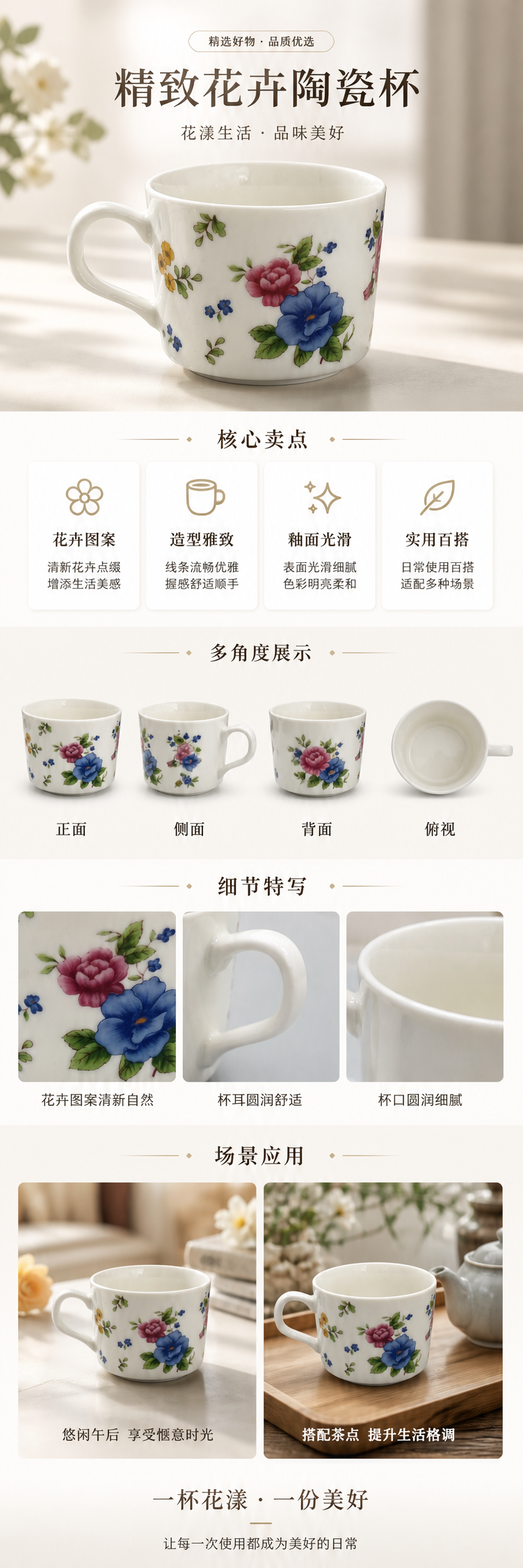 White floral patterned ceramic cups, simple household tea cups, coffee cups and water cups pic 1