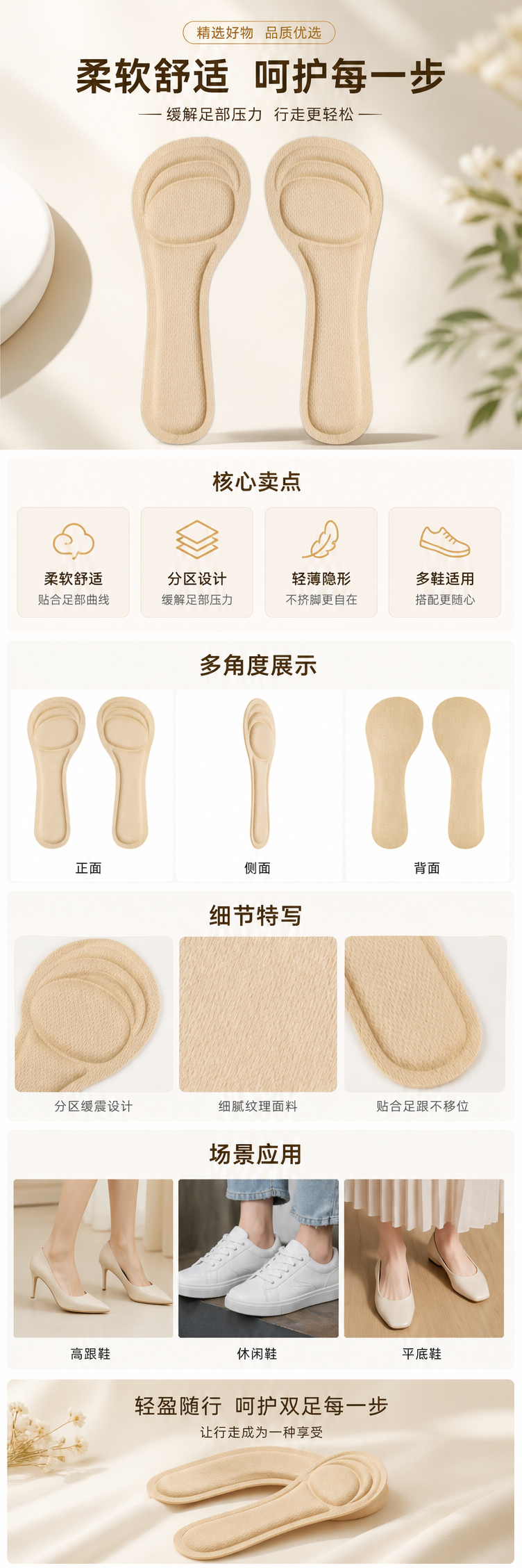 The beige comfortable anti-slip insoles are breathable and sweat-absorbent, suitable for both men and women pic 1