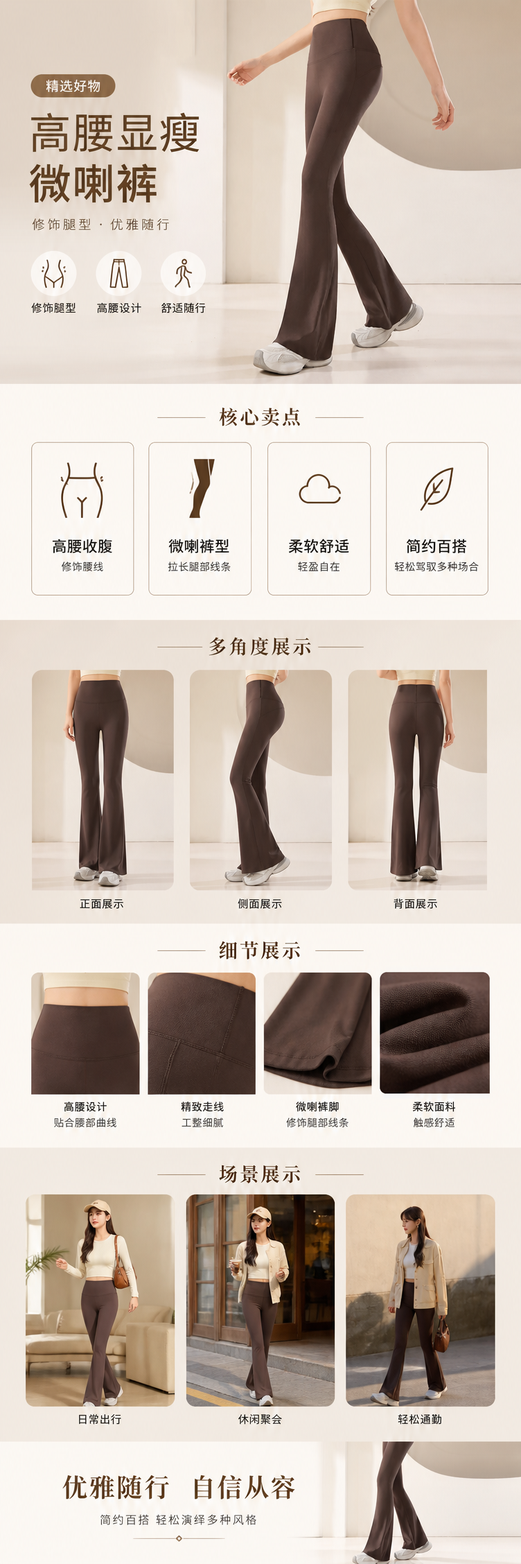 Brown high-waisted flared pants for slimming and shaping the leg lines, women's casual trousers pic 1