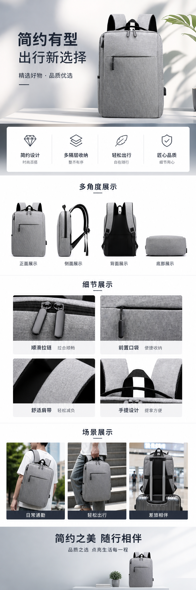 灰色简约时尚双肩背包学生通勤轻便大容量 pic 1