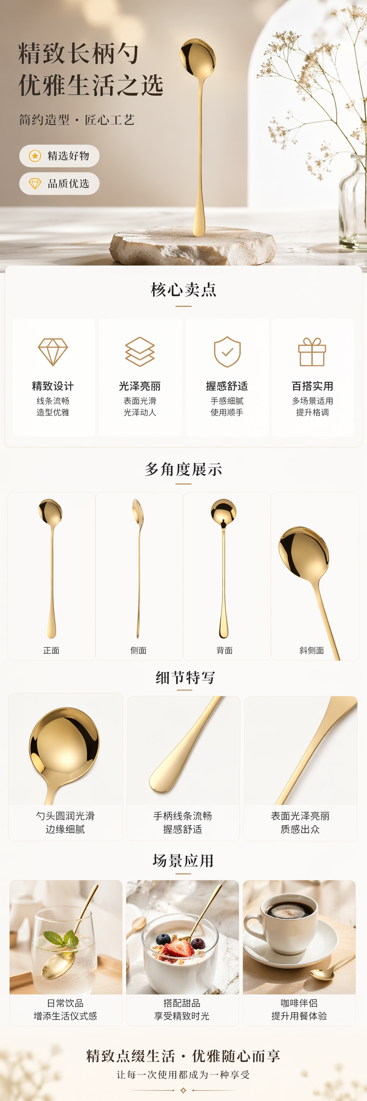 金色长柄勺 不锈钢厨房用勺 餐饮级加厚防烫长柄汤勺详情1