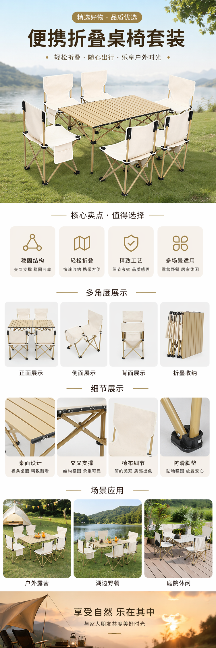 米色折叠桌椅组合家用便携轻便收纳餐桌椅套装详情1