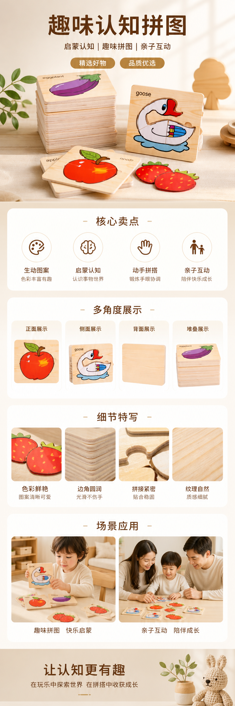 木质拼图玩具 天然榉木切片 茄子苹果鹅草莓益智早教 pic 1